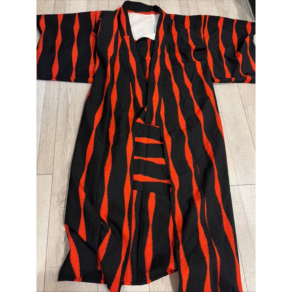 Rare Japanese vtg Kimono Haori Yukata Black Red Tiger Stripe Men One Size Repair